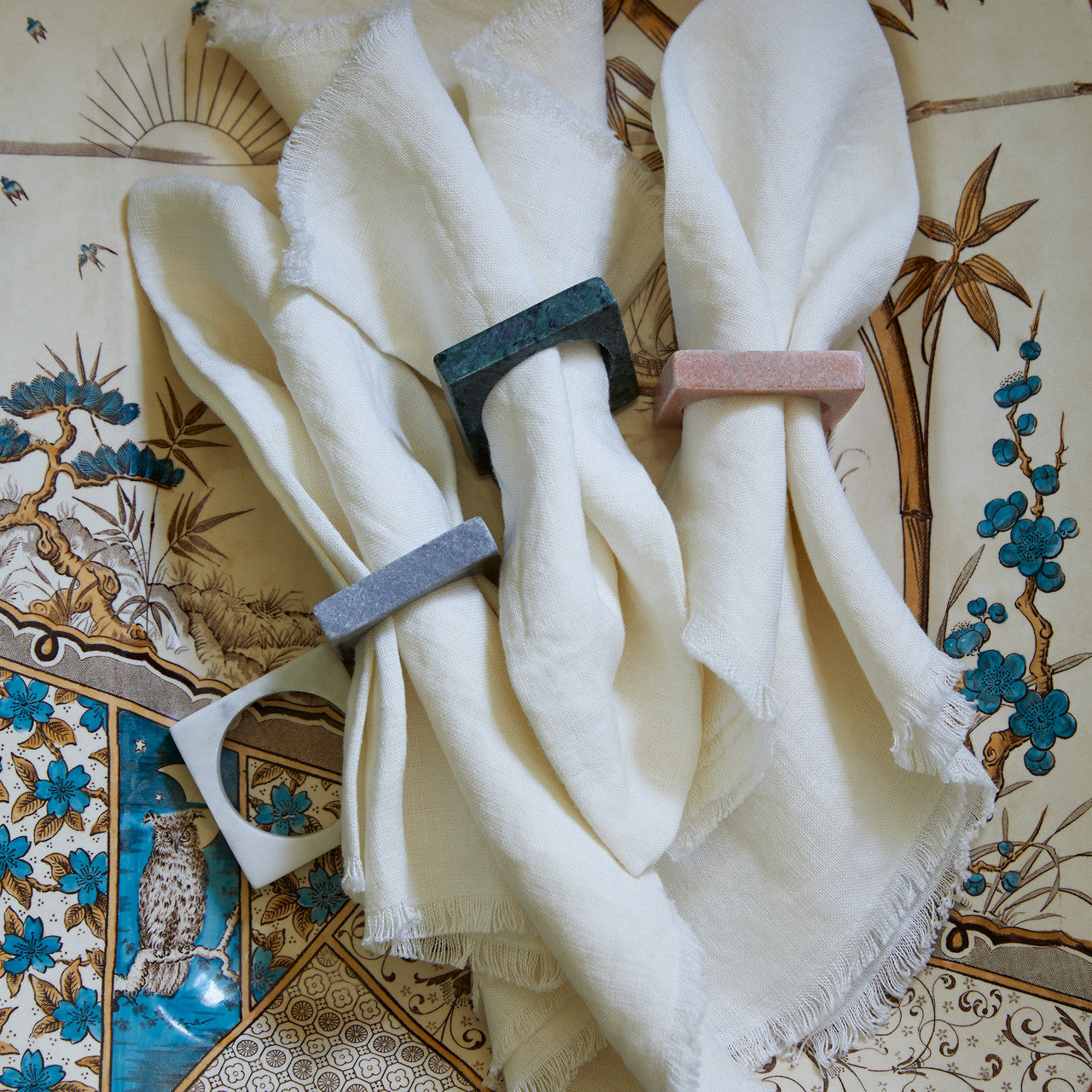 WHITE MARBLE MODERNIST NAPKIN RINGS, SET OF 2